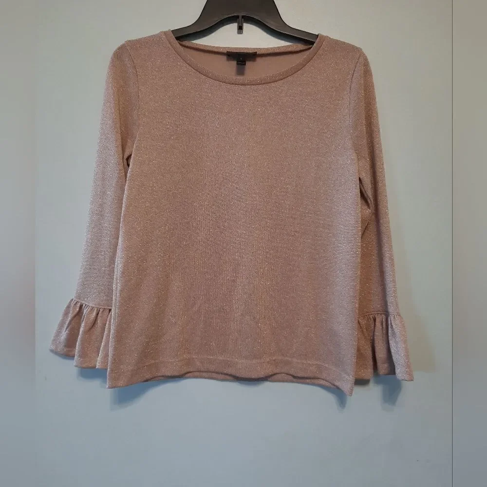 J. Crew Women's S Rose Gold Metallic Long Sleeve w/Ruffle Cuffs Pullover Sweater